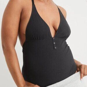 Aerie Black Button Front Ribbed V-Neck Bodysuit Size S